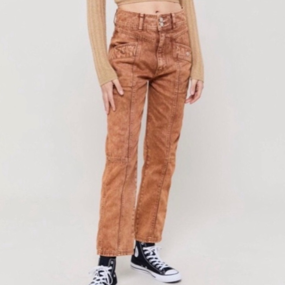 BDG UO Sofia Yoke High Waisted Rigid Denim Jeans Acid Wash Terracotta Sz 24